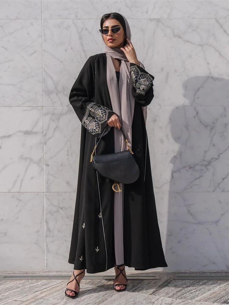 Ramadan eid svart broderi öppen modest abaya dubai sommar muslimsk kimono abayas för kvinnor kaftanklänningar islamiska kläder