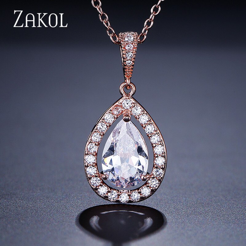 Zakol moda limpar gota de água zircão pingente colar de cristal brilhante nupcial casamento jóias para a menina presentes fsnp077: Rose Gold Color