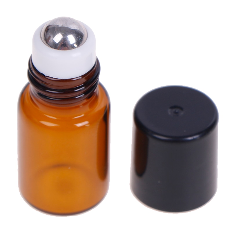 Botella de vidrio ámbar Roll On Roller, viales marrones de aceite esencial, botella de prueba de muestra con bola de Metal, 1ml, 2ml, 3ml, 5ml, 10ml, 5 unids/paquete