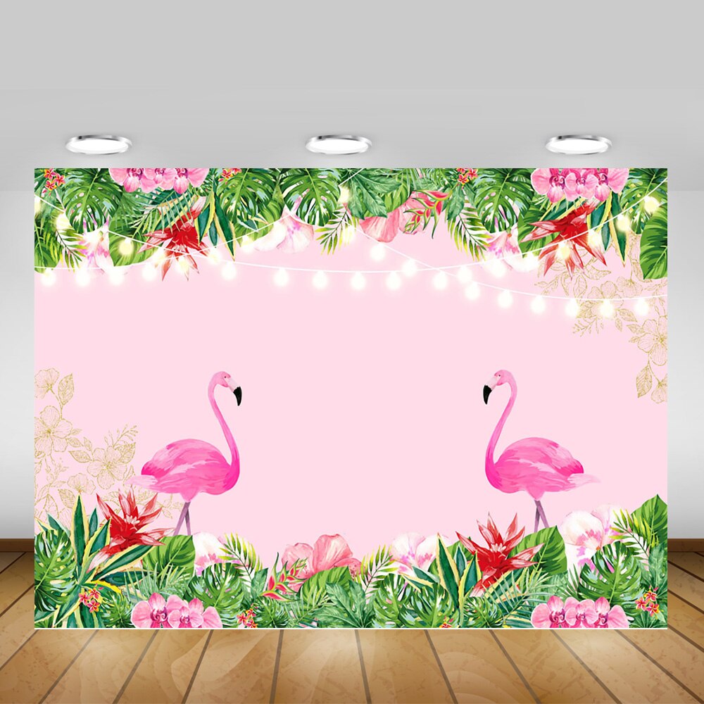 Summer Pink Flamingo Hawaiian Party Photography Background Tropical Flowers Green Leaf Birthday Party Photo Background Photocall