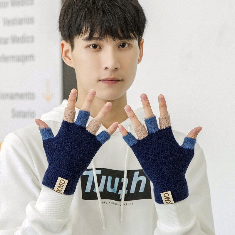 Wool Knitted Half-finger Mittens Men Fingerless Mitt Guantes Men's Warm Winter Thicken Gloves