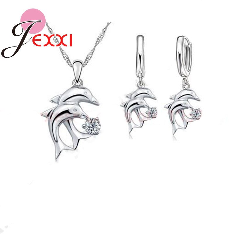 Doule Dolfijn Sieraden Sets 925 Sterling Zilveren Sieraden Witte Zirconia Hanger Ketting Lever Terug Earring