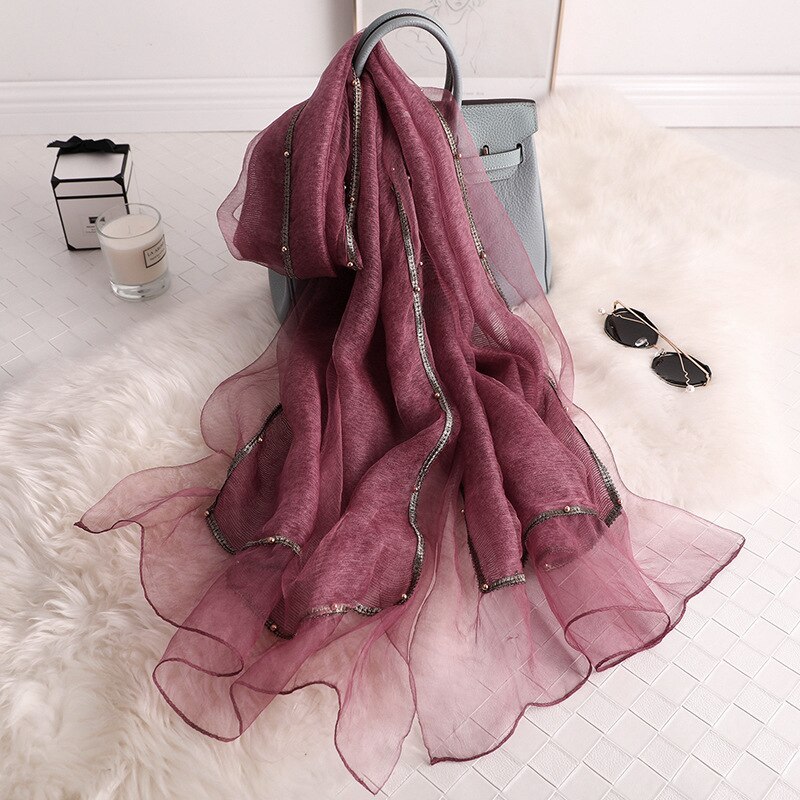 Heltäckande pärlor kvinnor siden halsdukar broderi mjuk ull halsduk lady pashmina sjal bandana foulard: Broderad röd