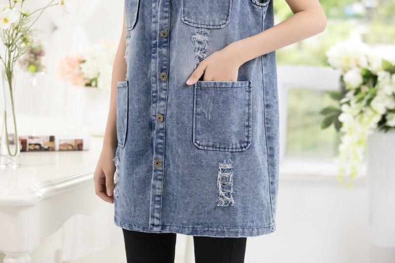 5xl plus size løs denimvest til kvinder vintage hullomme lang ærmeløs jeansjakke kvindefrakke sommer afslappet vest