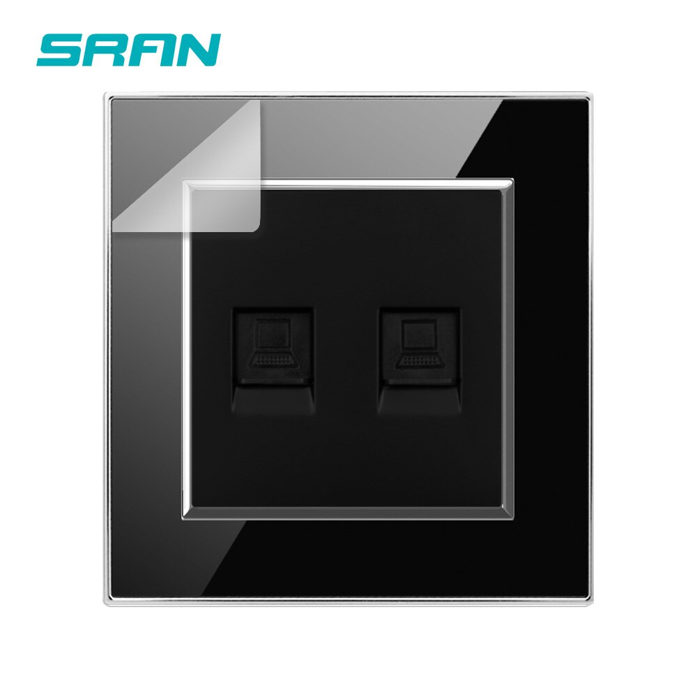 SRAN wall double Internet socket interface RJ45 Crystal acrylic panel 86*86 2 gang computer outlet: Black  2 Internet