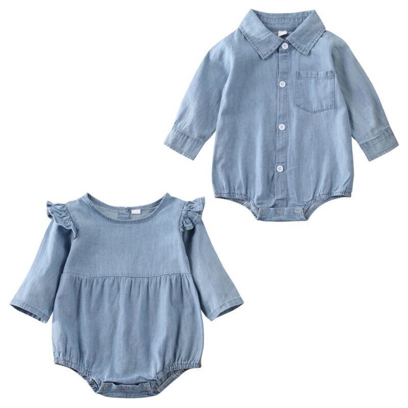 Bodysuit Voor Pasgeborenen Twins Baby Jongen Meisje Lange Mouwen Blue Denim Shirts Ruche Bodysuit Jumpsuit Zusters Brothers Kleding