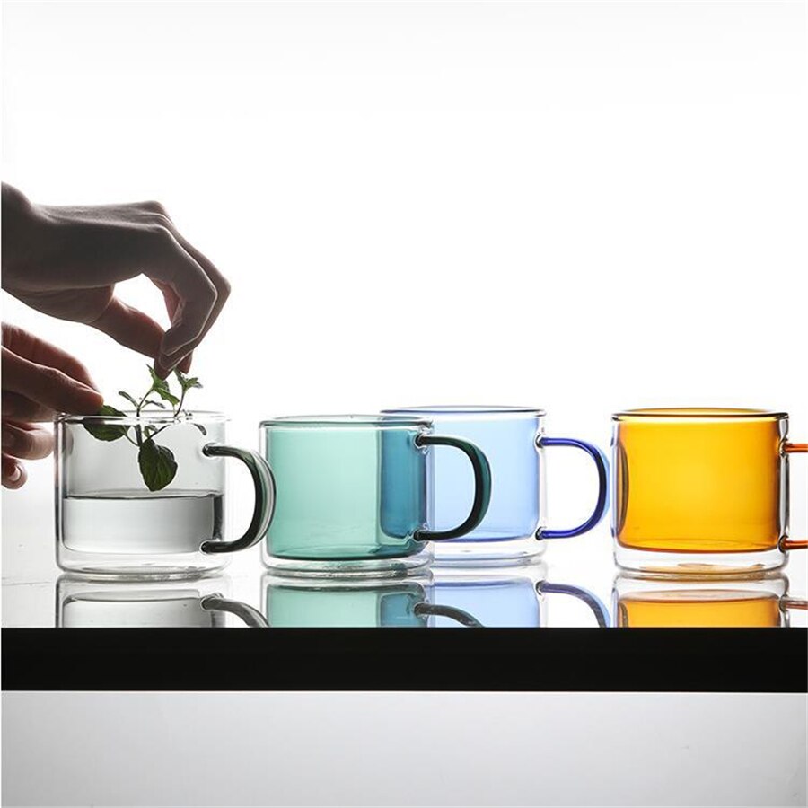 Juego de tazas de café Espresso para Taza de cristal de doble pared, resistente al calor, taza de Cerveza Hecha a mano, vaso de cristal para té, vasos con mango de cristal para whisky