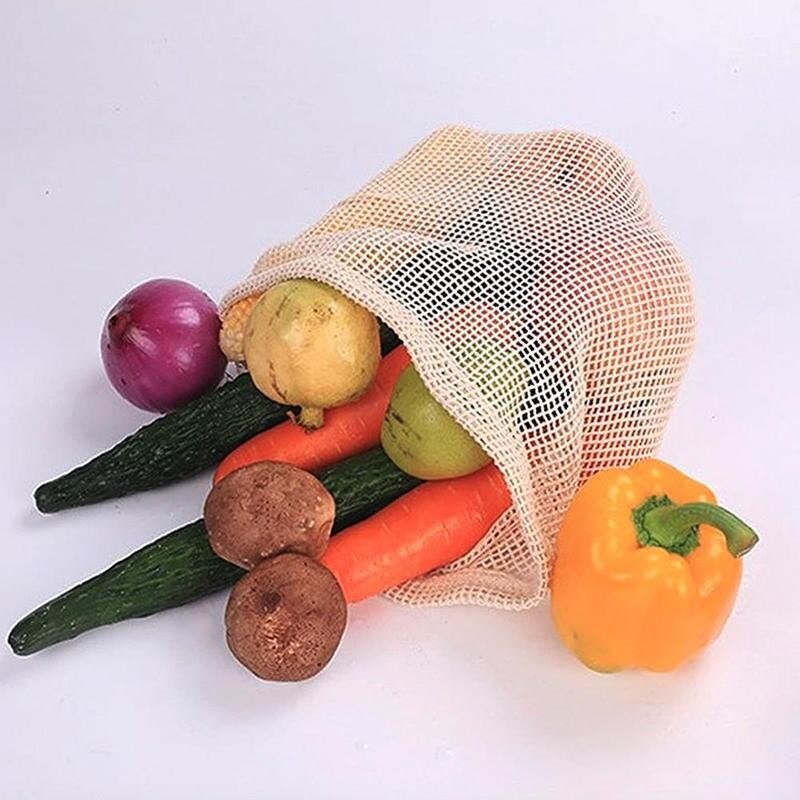 Herbruikbare katoenen net groentezakken groente- en fruitzak keukengroentezak met trekkoord opbergzak fruit  p0 k 6