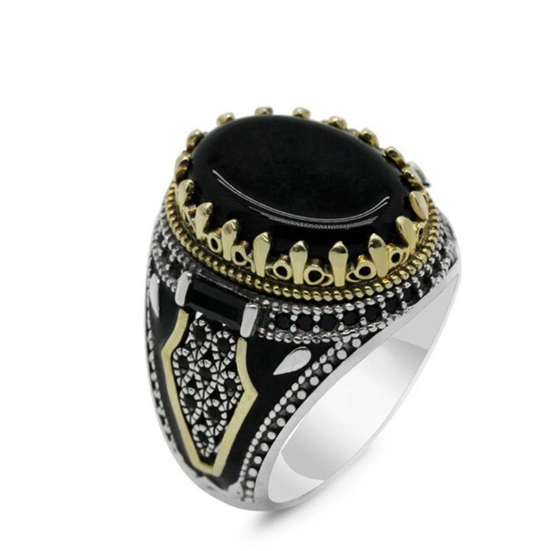 Bague chevalière turque faite à la main pour hommes, Vintage, tendance, bicolore incrusté de Zircon noir, aigle en métal, Punk, bijoux rétro pour fête de mariage: 12 / green