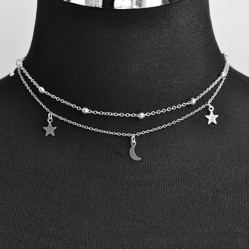 Dainty Eenvoudige Gouden Kleur Moon Star Ketting Dubbele Laag Kralen Kwastje Sleutelbeen Ketting Choker Voor Vrouwen Romantische Boho Sieraden: silver
