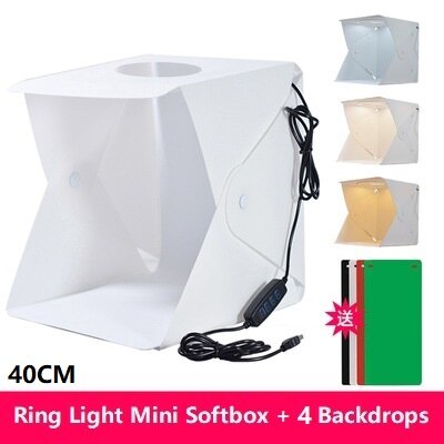 Boîte à lumière LED 40CM, Mini Studio de photographie Portable, Kit de fond et 6 arrière-plans de couleurs, boîte à lumière USB pour téléphone DSLR: 40CM Ring Light-4PCS