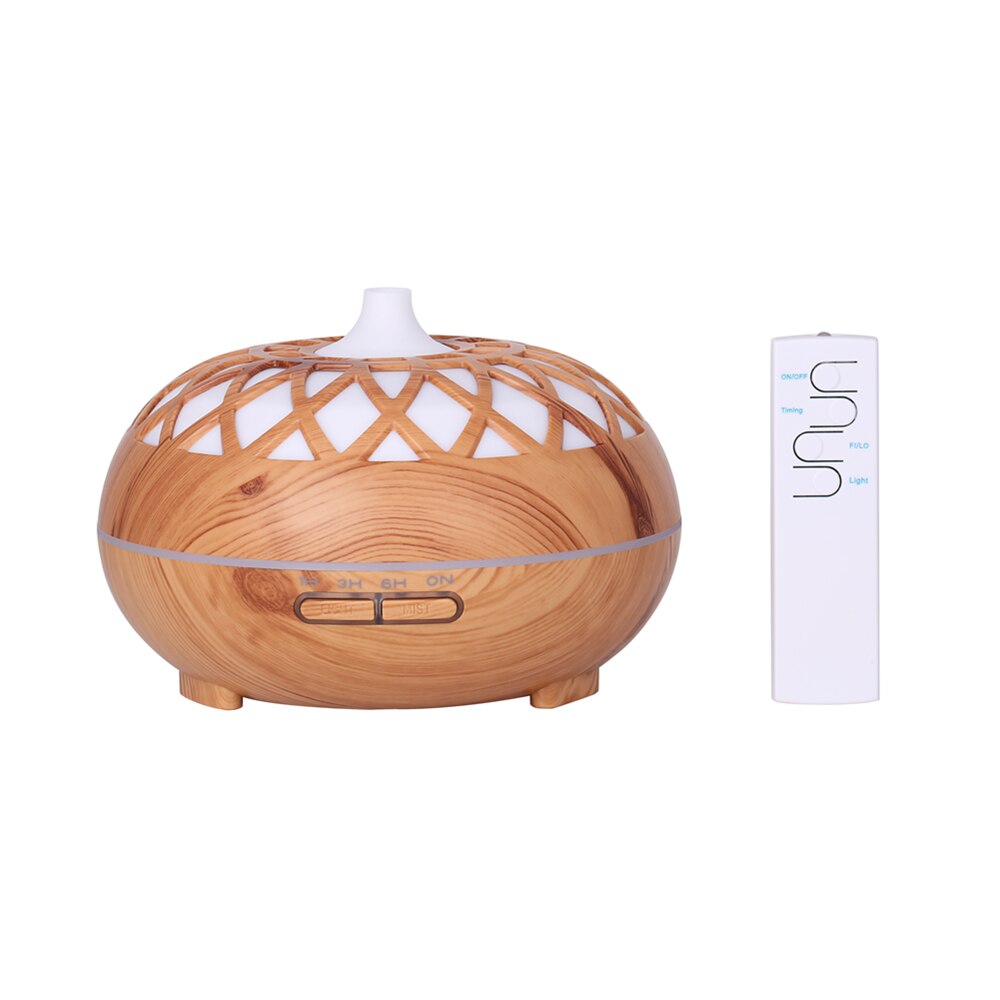 500ML wood color pattern air humidifier, aroma essential oil diffuser with colorful night light,with remote control: Rust red / US