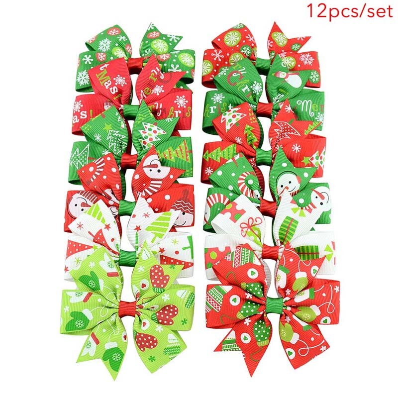 12 stks/partij 3 "Zwaluwstaart Grosgrain Bloemen Lint Bows met Clip Kinderen Meisjes Organza Hair Bows Voor Kerst Dag Haar accessoires: Default Title
