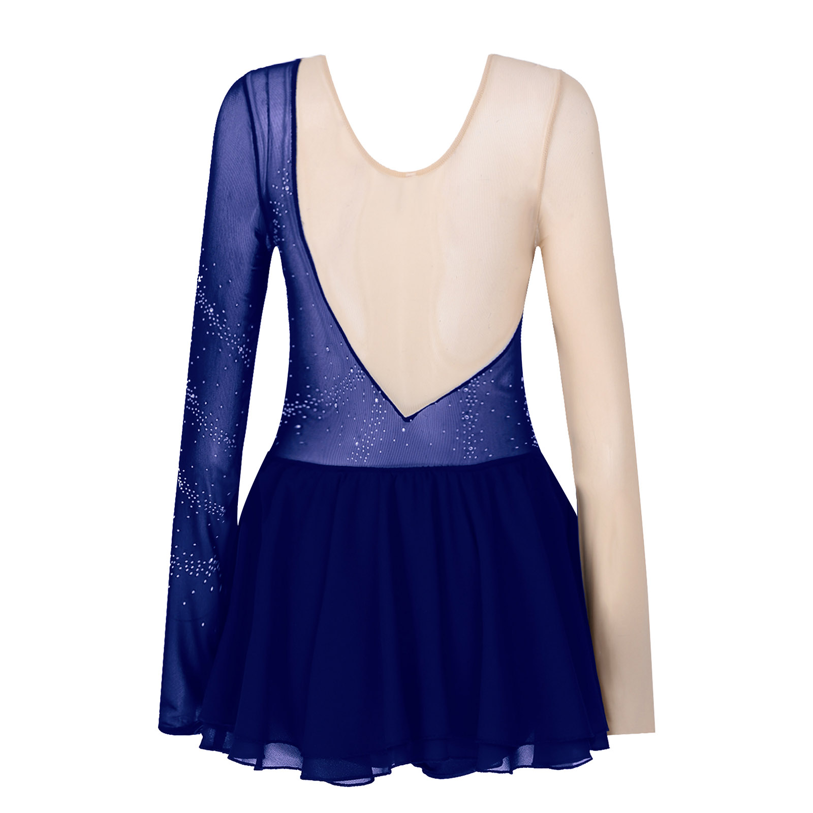 Women Adults Ballet Dance Dress Long Sleeves Mesh Splice Figure Ice Skating Dress Rhinestone Leotard Lyrical Modern Dance Dress