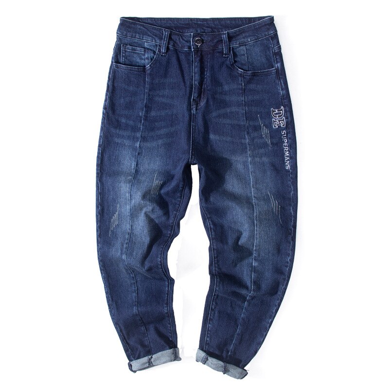 Plus size vægt 100kg mænds afslappede jeans bomuldsblandet strækstof plisseret udhuling udendørs gade fede mænd afslappet