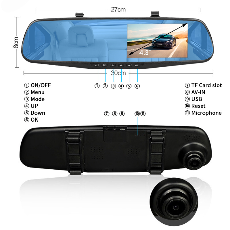 Dashcam 4.3 pouces 1080P IPS voiture DVR enregistreur de conduite rétroviseur double lentille enregistreur de voiture avant et arrière boîte noire