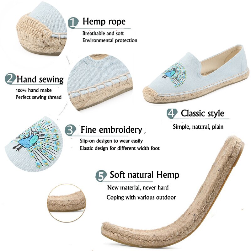 MInmclas Pauw Borduurwerk Comfortabele Slippers Womens Casual Espadrilles Schoenen Ademende Vlas Hennep Canvas voor Meisje Schoenen