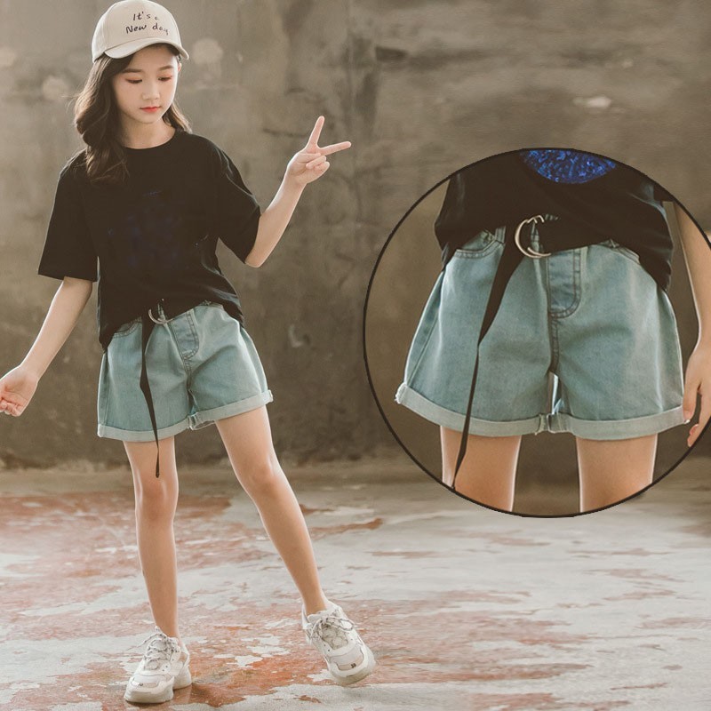 Baby stora flickor shorts jeans sommar barns solida shorts barn bälte jeansshorts för flickor kläder småbarn flicka kläder