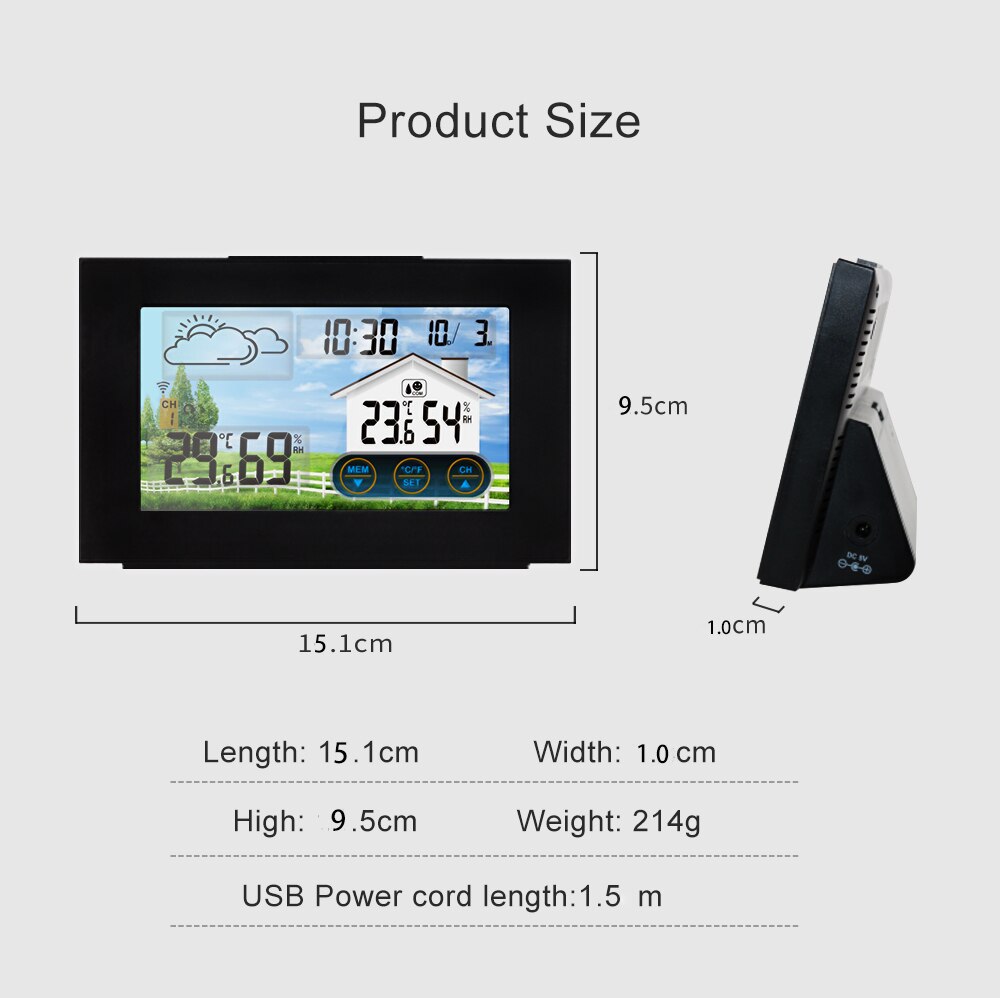 Touch Screen Wireless Weather Station Outdoor Sensor Digital Thermometer Hygrometer Weather Forecast Alarm Clock Barometer