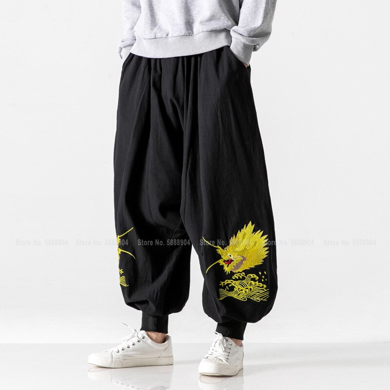 Homme Dragon broderie Style chinois coton lin Bloomers hommes décontracté large jambe pantalon sarouel japonais Streetwear