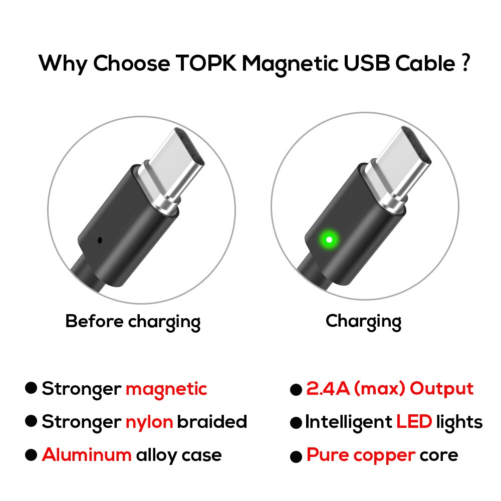 Topk f 線磁気 usb タイプ c ケーブル 5 v 2.4A ナイロン編組 led インジケータ usb c マグネット充電器 usb タイプ c 電話