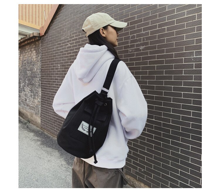 Unisex trekkoordtas heren canvas tas mobiele telefoon tas koreaanse crossbody tas voor dames dames schoudertas: Zwart