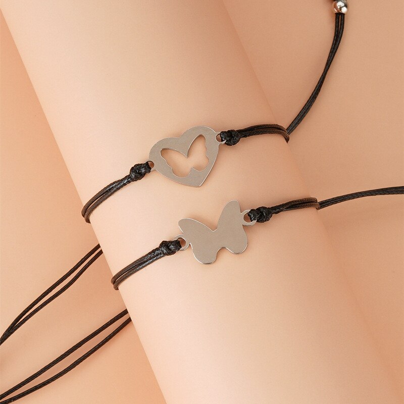 Pour Mère Une Pour Fille 2 Pièces/ensemble Vintage Boho Tressé Bracelets Pour Femme Fille En Acier Inoxydable Coeur Papillon Charme