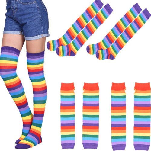 Women Ladies Rainbow Thigh High Socks Girl Arm Warmer Mitten Stretchy Gloves