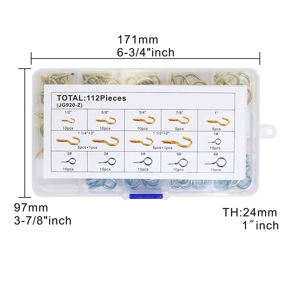 IZTOSS Eye Bolts Screw Hooks and Brass Plated Ceiling Screw Cup Hooks Hangers, Assortment 15 Sizes, 112 Pieces