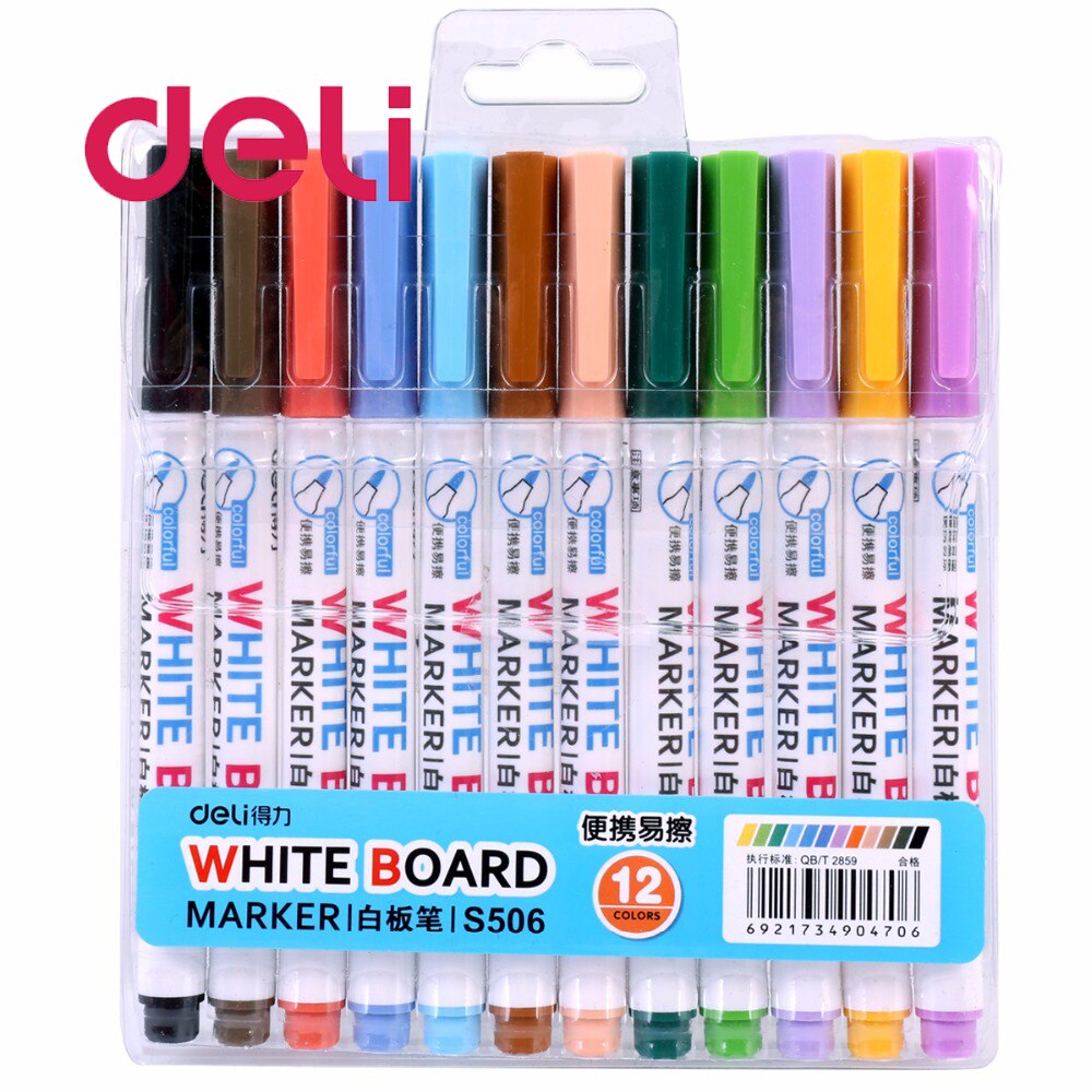 Deli 12 Stks/partij Uitwisbare Whiteboard Marker Pennen Veelkleurige Waarde Set Droge Wissen Markers Pen Kantoorbenodigdheden Voor Ramen