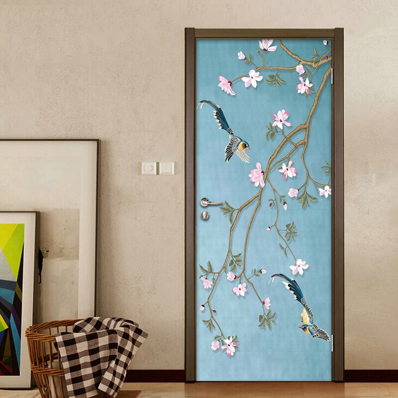 Door Sticker Chinese Style Flower Bird Mural Waterproof Self-adhesive Vinyl Wall Paper For Living Room Bedroom Door Decoration