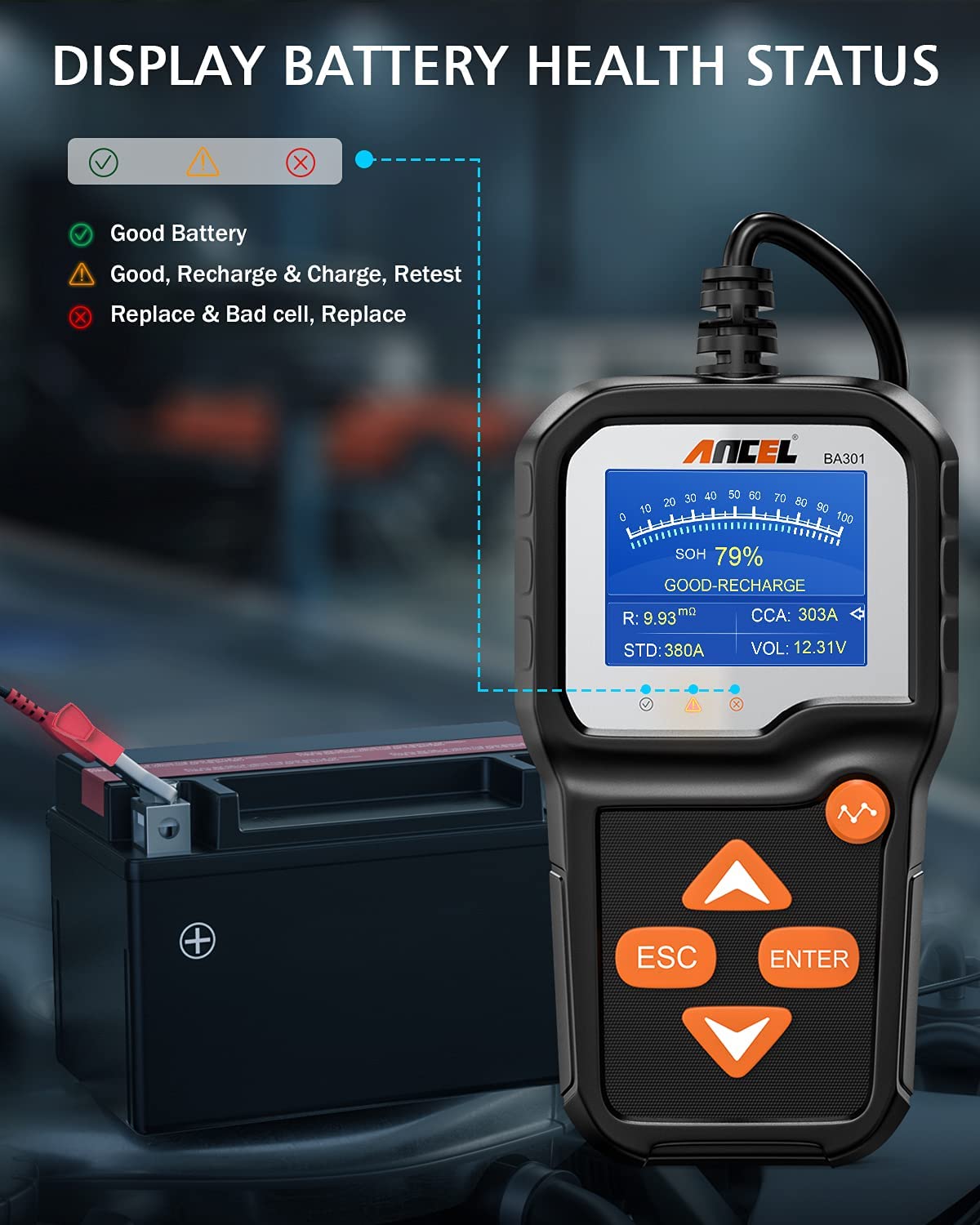 ANCEL BA301 Car Battery Tester 12V 6V Motorcycle Cranking Test 2000 CCA Boat Batteries Charger Analyzer Circuit Automotive Tools
