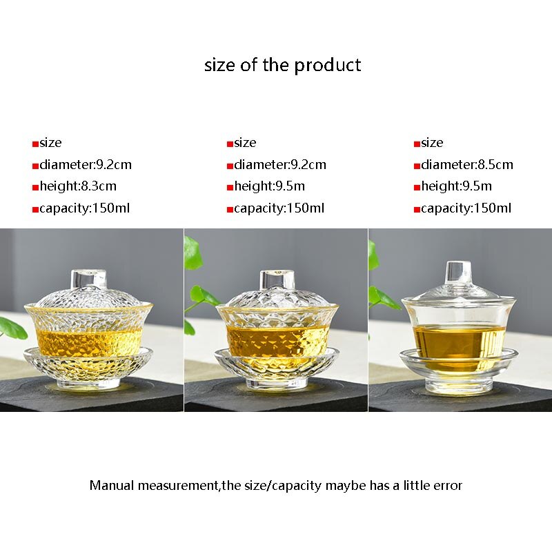 Juego de tazas para té Gaiwan Office Kung Fu de cristal transparente resistente al calor de 150cc, de tetera, tazones de té maestro enviados amigo