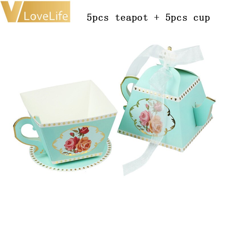 10Pcs Paper Box Pink Blue Tea Cup Teapot Candy Birthday Party Supplies Baby Shower Decoration Packaging Box: blue teapot and cup