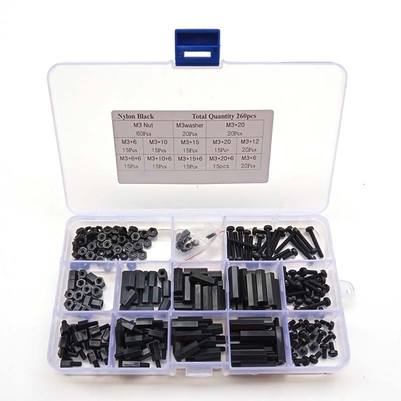 260pcs M3 Black M-F Hex series nylon screws, nuts, PCB board height hexagon spacer kit complete With box