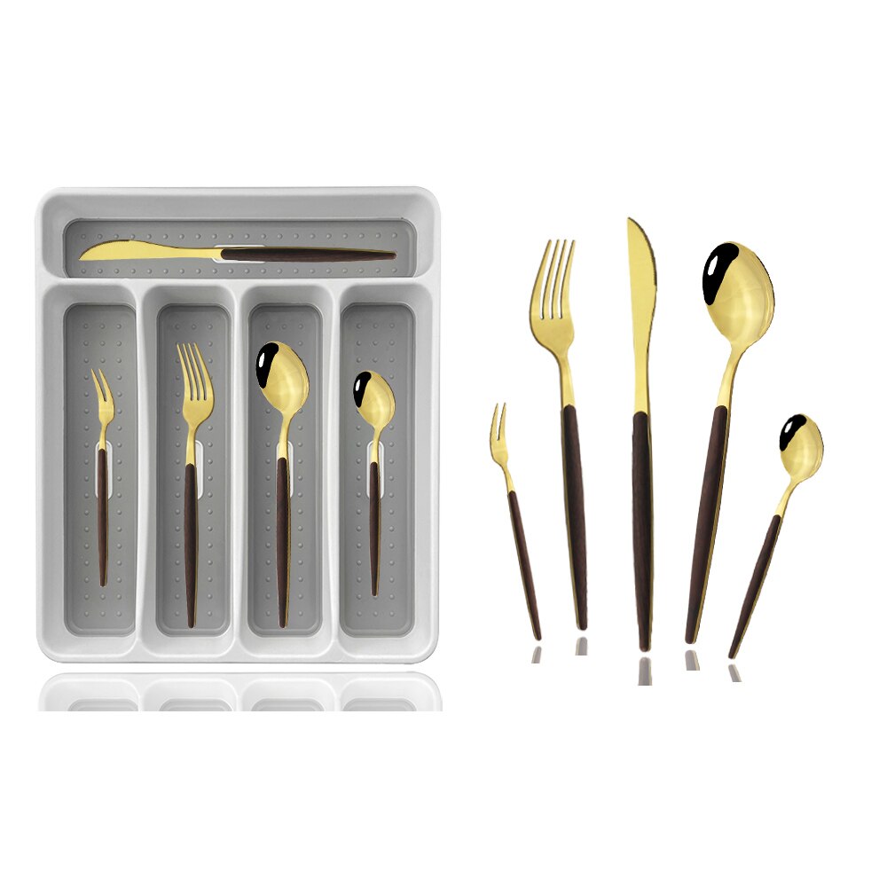 30Pcs Gold Bestek Set Houten Handvat Servies Rvs Servies Mes Vork Lepel Bestek Met Plastic Opbergdoos Lade: CDark Gold Box