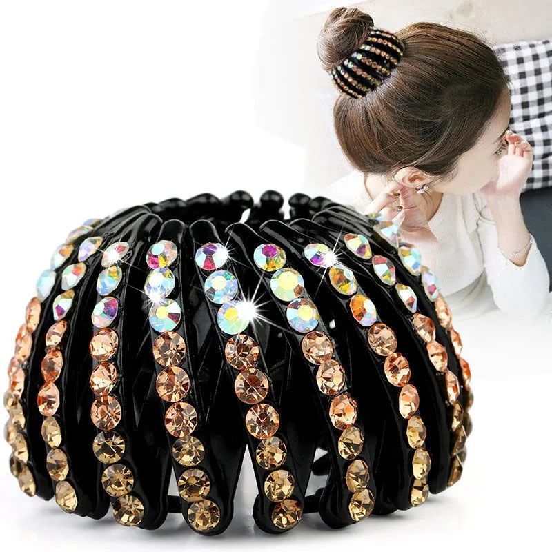 Épingle à cheveux en cristal strass pour chignon, pinces à cheveux, boucle en queue de cheval, nid d'oiseau, accessoires pour cheveux extensibles pour femmes: kaki foncé