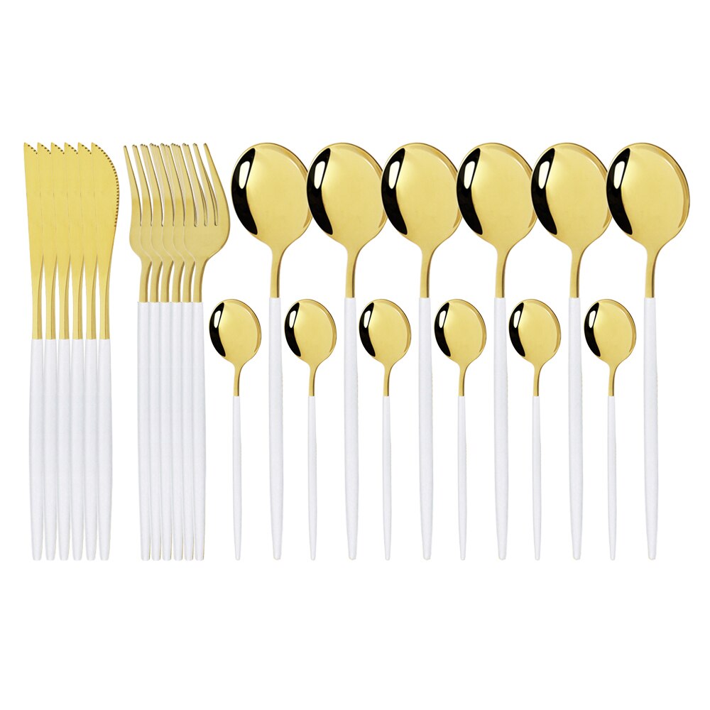 Pink Gold Cutlery Set Stainless Steel Dinnerware Set 24Pcs Knives Forks Coffee Spoons Flatware Set Kitchen Dinner Tableware Set: White Gold