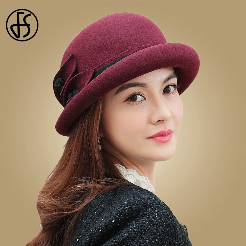 FS Winter Women Fedora Hat Wide Brim Wool Felt Bowler Hats Chapeau Femme Feutre Cloche Ladies Black Khaki Church Caps