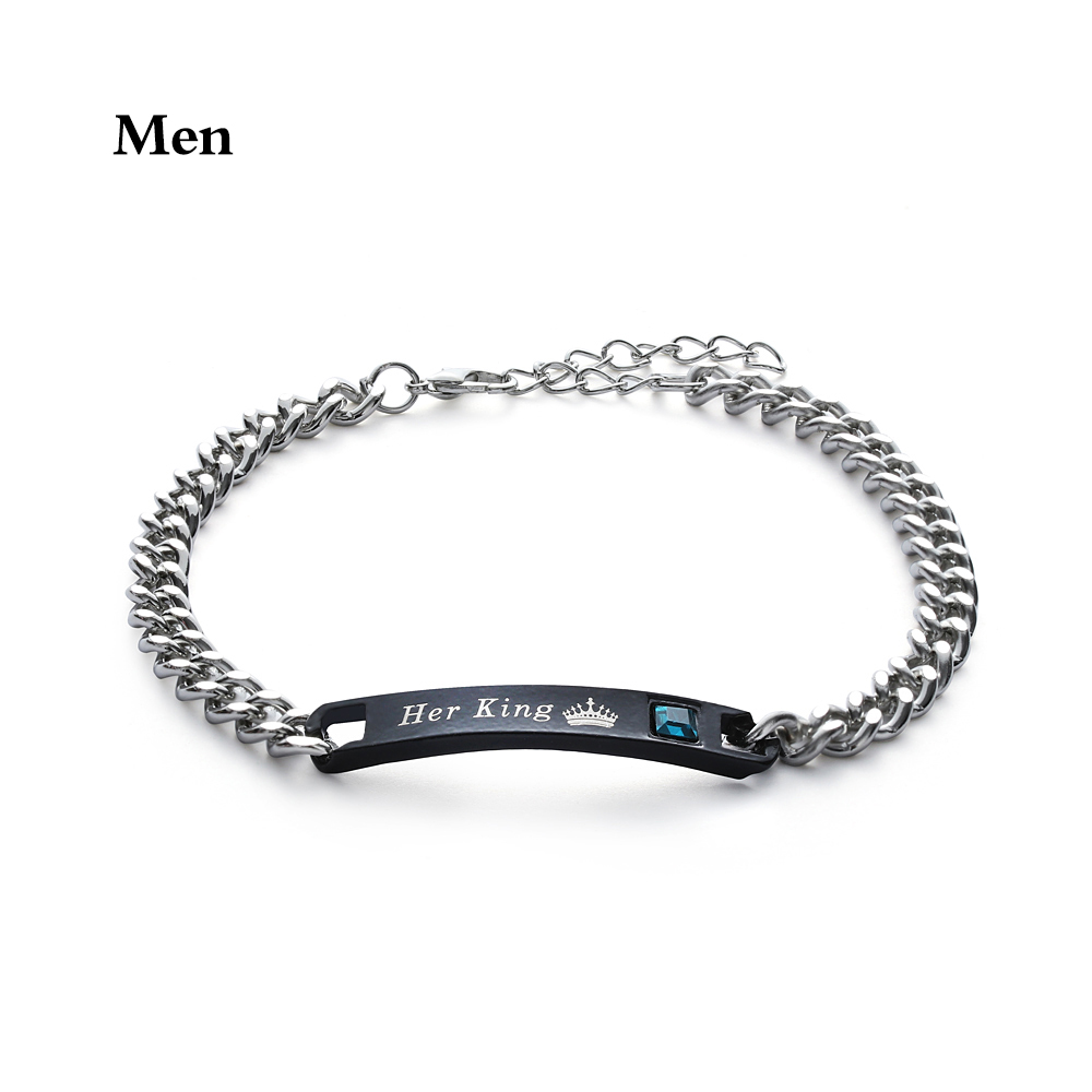 Love Bangle Men Women Her King His Queen Couple Bracelets Titanium Steel Crystal Crown Charm Wrist Chain Valentine's: Her King