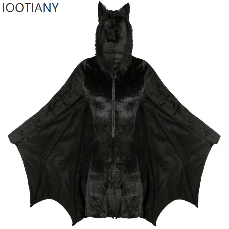 Costume da diavolo di Halloween Gonna da pipistrello malvagio Carnevale gotico Pipistrello da clown da donna Body con cappuccio Set di tute con ali nere per adulti gotiche