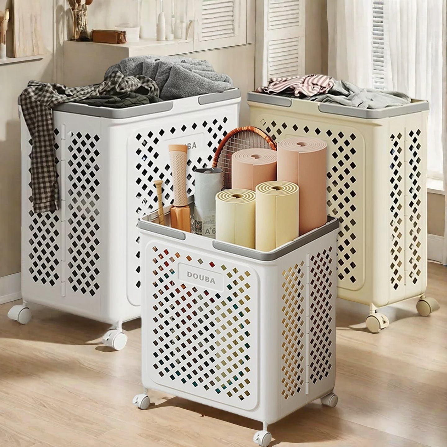 Sammenleggbar oppbevaringskurv, liten plastkurv med hjul og håndtak, plassbesparende rullekurv