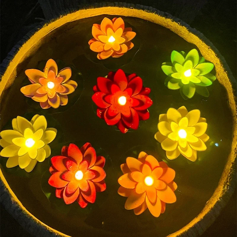 LED Lotus Nachtlampje Drijvende Watersensor Bloemlampen Tuin Aquarium Decor Feestelijke Feestaccessoires Wens Lotuslicht