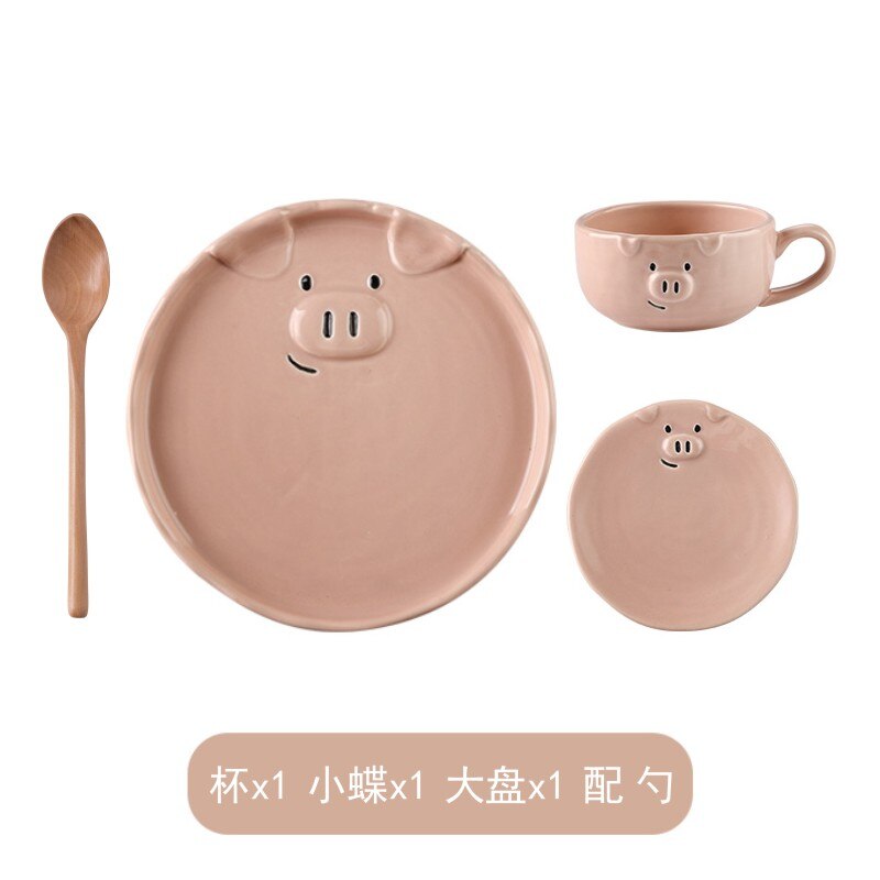 Juego de vajilla de porcelana con dibujos animados para el hogar, conjunto de cerámica con cuenco rosa encantador, plato de desayuno con personalidad creativa: B