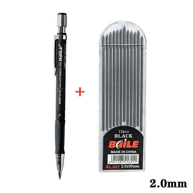 2.0mm Mechanical Pencil Set 2B Automatic Pencils With 12pcs Pencil Lead for Student Drawing Writing Office School Supplies: Black set