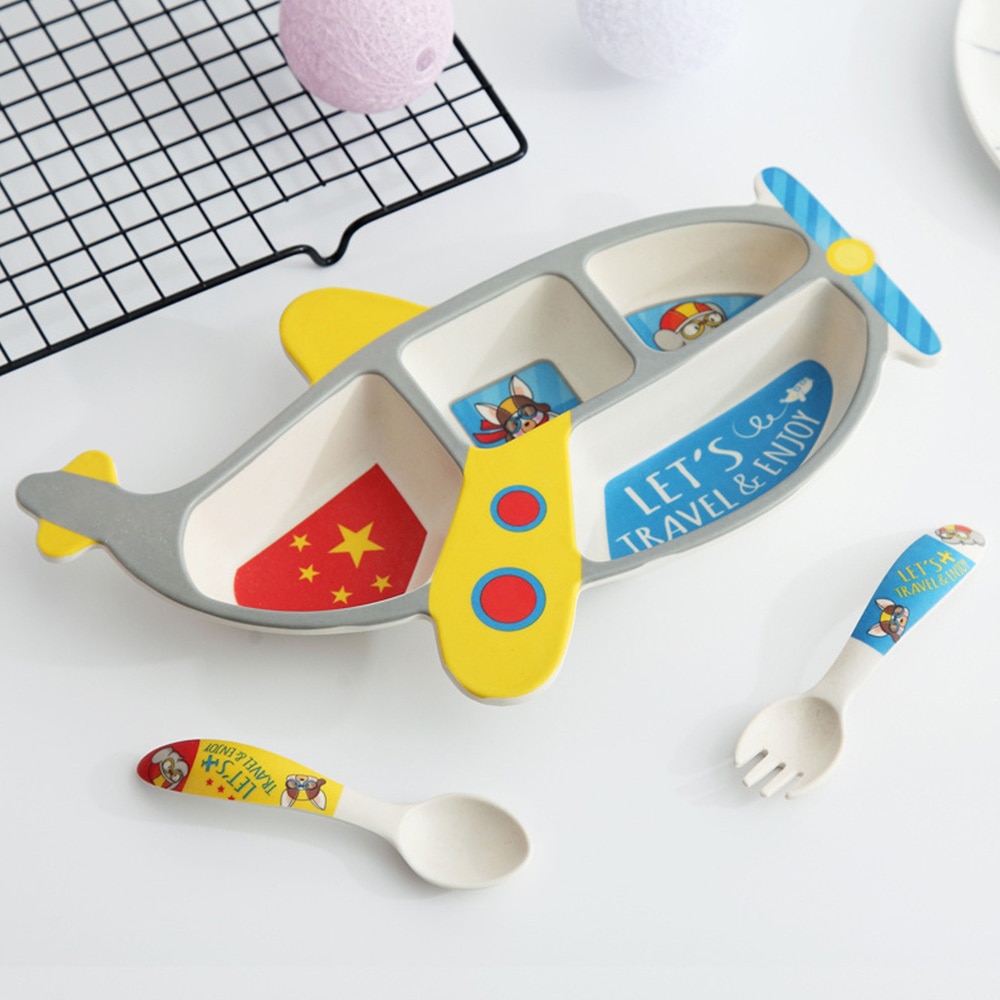 Cartoon Baby Servies Creatieve Vliegtuig Vorm Kommen Plaat Servies Voedsel Container Kinderen Voeden Gerechten + Lepel + vork