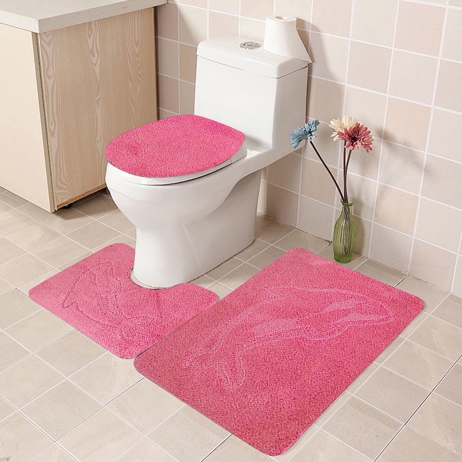 3 Stuk Badkamer Tapijt Set Non Slip Hart Bad Contour Mat 55X85 Cm Monochromatische Settoilet Tapijt Wc Deksel cover Set Accessoires: Pink 