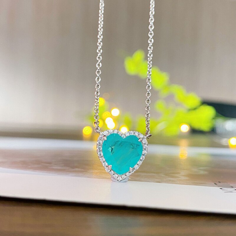 Oevas 100% 925 Sterling Zilver 10*10Mm Hart Synthetische Paraiba Toermalijn Hanger Ketting Voor Vrouwen Partij Fine Jewelry: pendant necklace