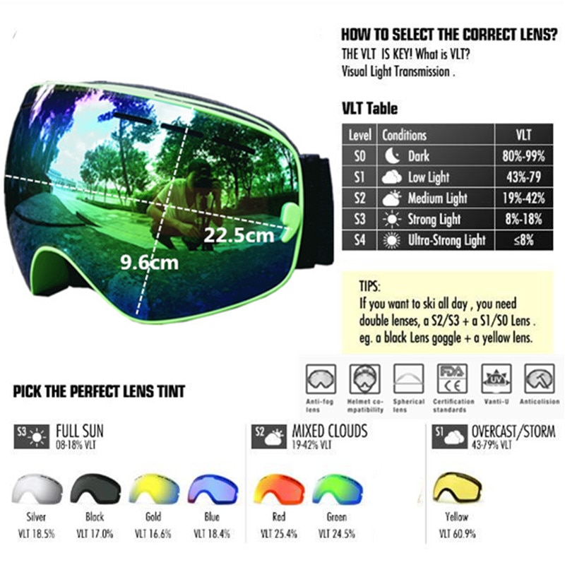 Skihjelm med anti-dug skibrille åndbar hjelm dobbelt lag anti-dug big vision snowboard skibriller skimaske sæt