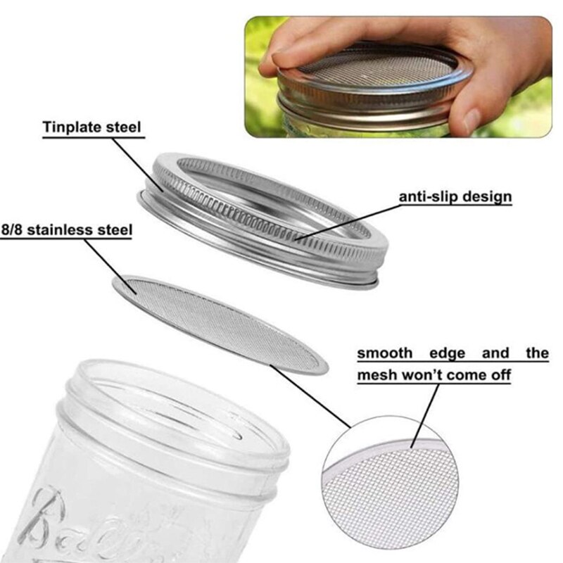 1Pc Silver Stainless Steel Sprouting Mason Jars Germinator Set Seed Sprouter Germination Cover Strainer Lids Garden Grow Tools